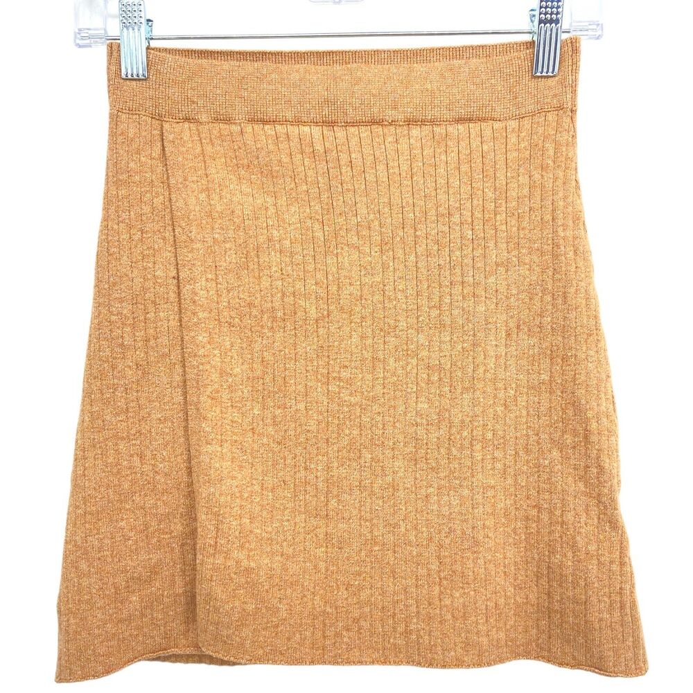 Free People‎ Beige Tan Neutral Ribbed Stripe Knit Mod Wrap Skirt in Sand Small